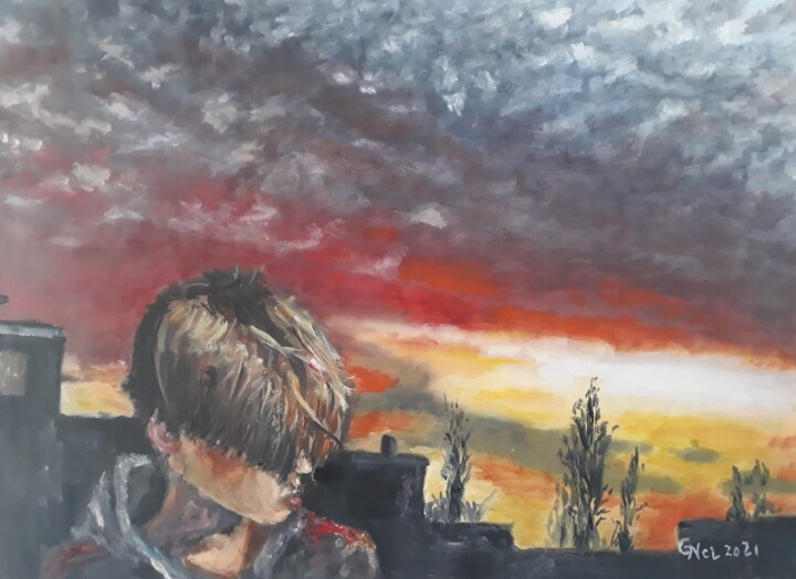 Malarstwo zatytułowany „Urban sunset” autorstwa Giorgos Νcl, Oryginalna praca, Olej Zamontowany na Drewniana rama noszy