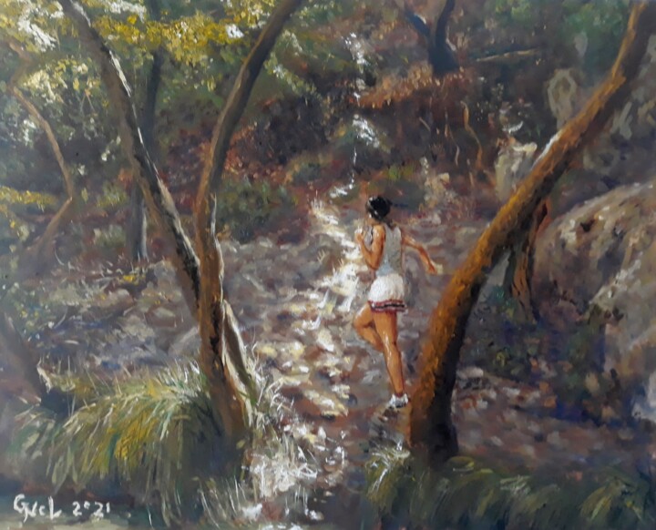 Painting titled "Forest" by Giorgos Ncl, Original Artwork, Oil Mounted on Wood Stretcher frame
