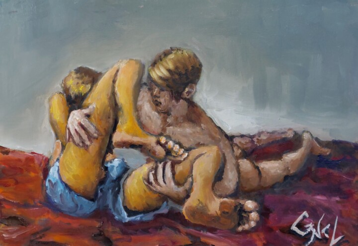 Painting titled "Wrestling" by Giorgos Ncl, Original Artwork, Oil