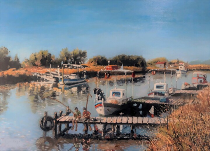 Painting titled "River fishing" by Giorgos Ncl, Original Artwork, Oil Mounted on Wood Stretcher frame