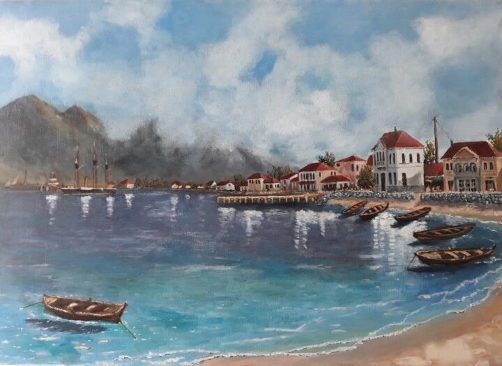 Painting titled "Boats on the beach" by Giorgos Ncl, Original Artwork, Oil Mounted on Wood Stretcher frame