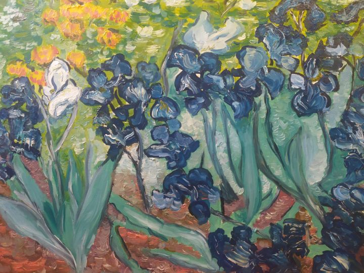 Painting titled "Irises purple and w…" by Svetlana Gorina, Original Artwork, Oil Mounted on Wood Stretcher frame
