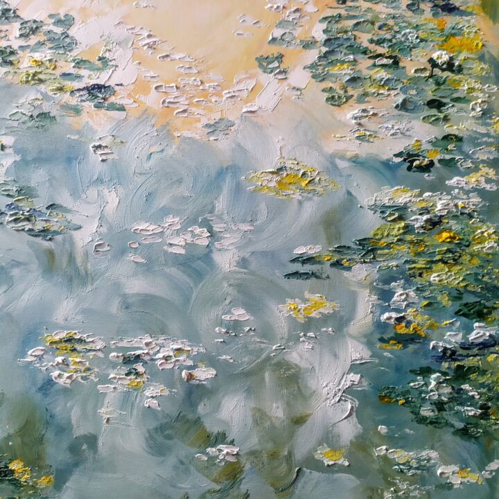 Painting titled "Water lilies. Seren…" by Svetlana Gorina, Original Artwork, Oil Mounted on Wood Stretcher frame