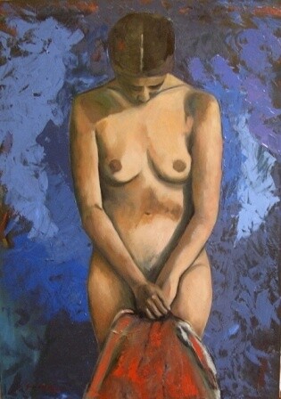 Painting titled "Nudo su fondo blu" by Giosi Costan, Original Artwork, Oil