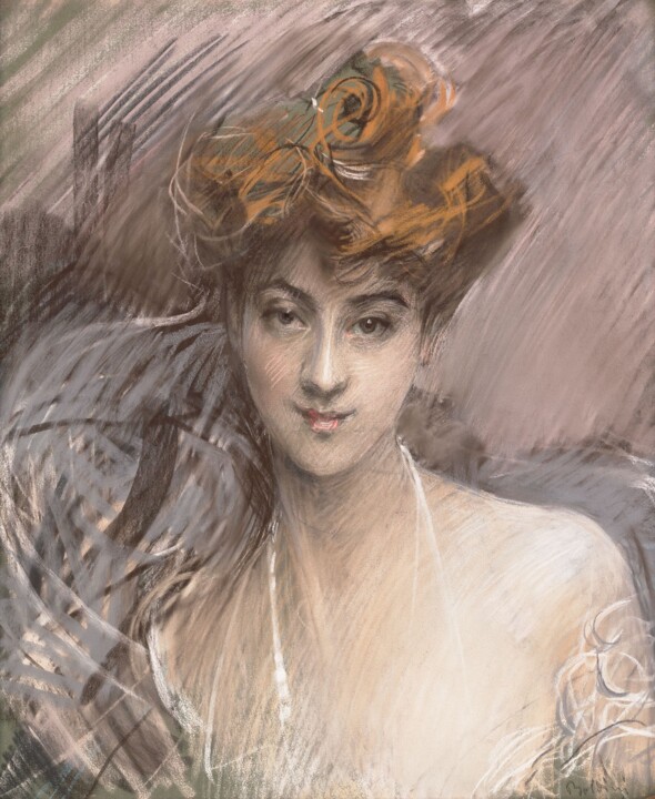 Painting titled "Portrait of Lucie G…" by Giovanni Boldini, Original Artwork, Pastel