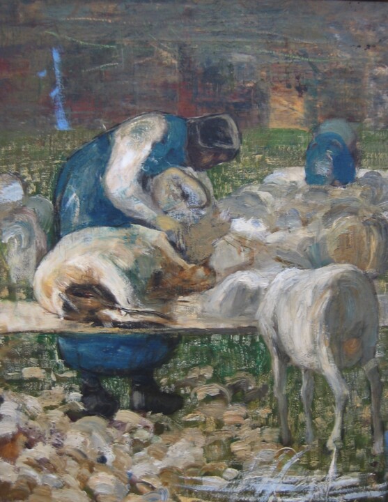 Painting titled "Tonte des moutons" by Giovanni Segantini, Original Artwork, Oil