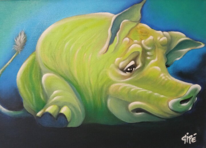 Painting titled "SPACE COCHON" by Gipé, Original Artwork, Oil Mounted on Wood Stretcher frame