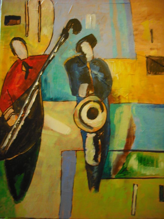 Painting titled "Le saxophoniste" by Genevieve Desthuilliers, Original Artwork, Oil