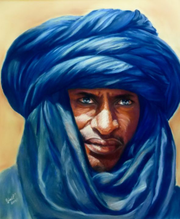 Malerei mit dem Titel "Touareg, l'homme bl…" von Gisel', Original-Kunstwerk, Pastell