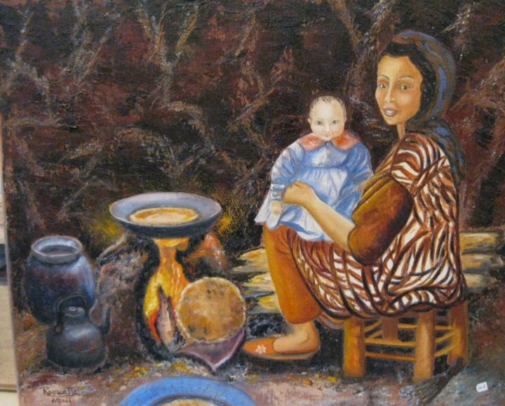 Malarstwo zatytułowany „Marocaine et son en…” autorstwa Gisèle Rouquette, Oryginalna praca, Olej