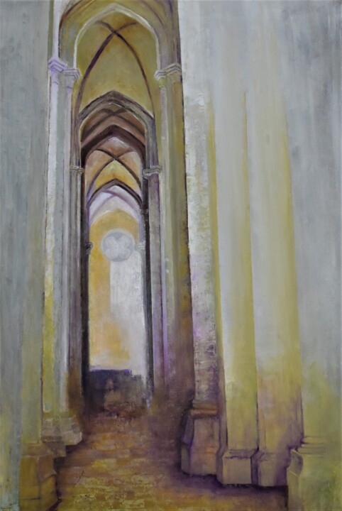 Painting titled "Cathédrale Sé" by Gisèle Dallaire, Original Artwork, Oil Mounted on Wood Stretcher frame