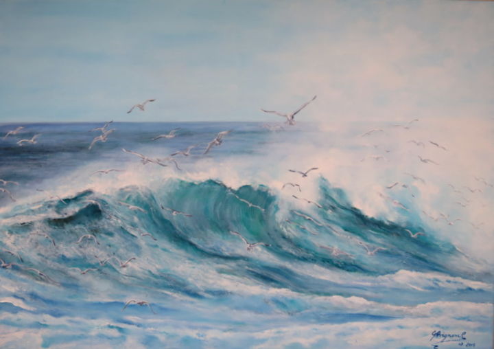 Painting titled "ocean-huile-92x65-0…" by Gisella Michel Avignone-Rossa, Original Artwork, Oil