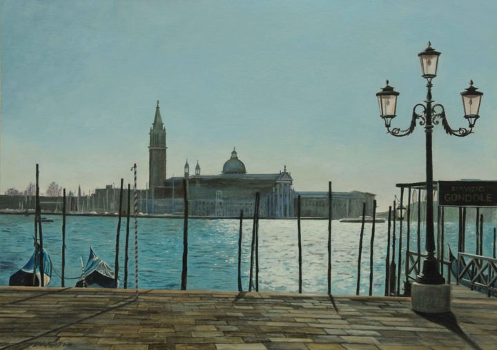 Painting titled "noleggio-gondole-am…" by Giulio Mapelli, Original Artwork, Oil