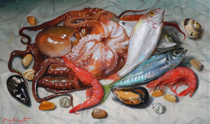 Painting titled "still life with fish" by Giuseppe Cacciapuoti, Original Artwork, Oil
