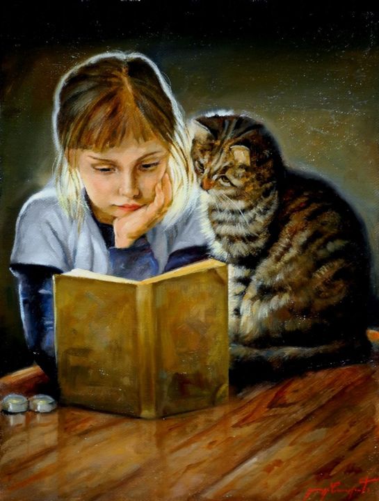 Peinture intitulée "bambina con gatto" par Giuseppe Cacciapuoti, Œuvre d'art originale