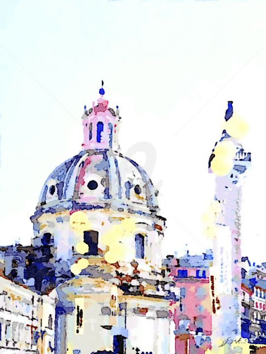 Arts numériques intitulée "Chiesa con cupola e…" par Giuseppe Cocco, Œuvre d'art originale, Aquarelle
