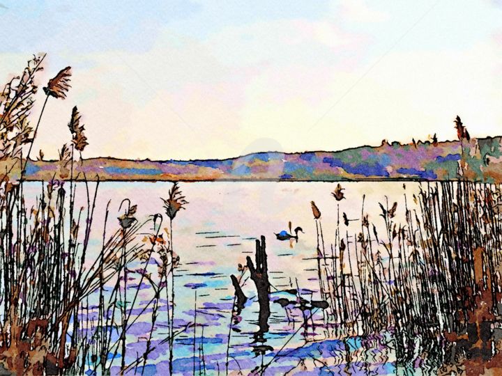 Digital Arts titled "Canneto sul lago" by Giuseppe Cocco, Original Artwork, Watercolor