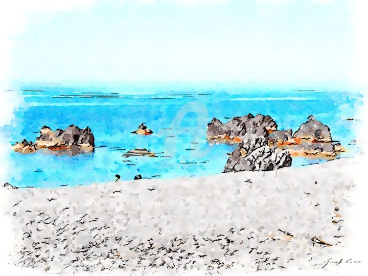 Arte digitale intitolato "Spiaggia e scogli (…" da Giuseppe Cocco, Opera d'arte originale, Acquarello