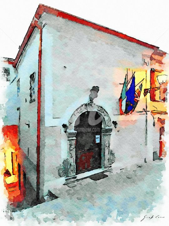 Digital Arts titled "Municipio all'imbru…" by Giuseppe Cocco, Original Artwork, Watercolor