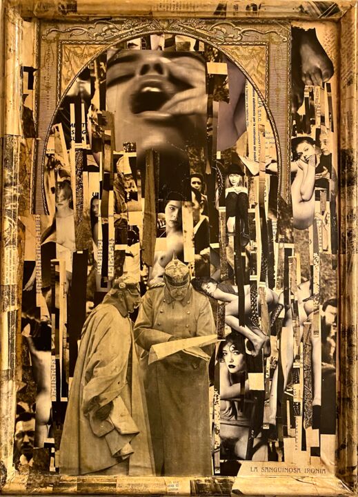 Collages getiteld "La sanguinosa ironia" door Giuseppe Ligorio, Origineel Kunstwerk, Collages Gemonteerd op Frame voor houte…