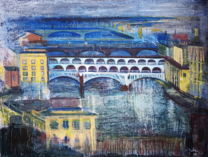 "Florence Bridge ove…" başlıklı Tablo Giuseppe Valia tarafından, Orijinal sanat, Sprey boya Ahşap Sedye çerçevesi üzerine mo…