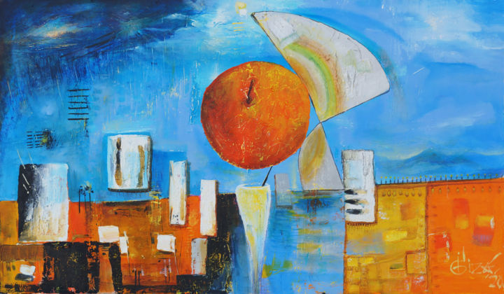 Schilderij getiteld "Стакан с Солнечным…" door Irek Giza M, Origineel Kunstwerk, Olie