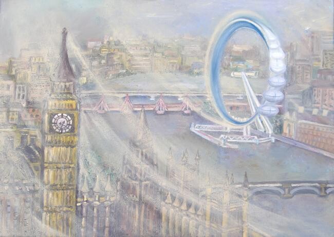 Painting titled "Foggy London Town" by Gizella Fejes, Original Artwork, Oil