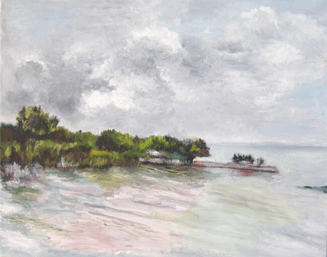 Painting titled "Lake Balaton before…" by Gizella Fejes, Original Artwork, Oil
