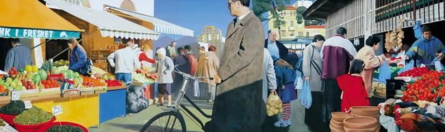 Картина под названием "in a market" - Edmond Gjikopulli, Подлинное произведение искусства, Масло
