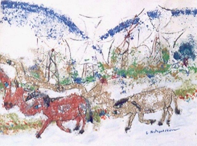 Peinture intitulée "vaches et moulins" par Georges Koutsandreou, Œuvre d'art originale