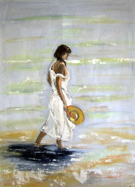 Peinture intitulée "Kvinde ved Stranden" par Gunter Kreil, Œuvre d'art originale, Huile