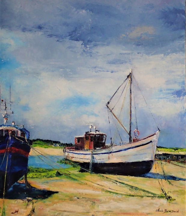 Painting titled "bateaux en baie du…" by Claude Michel David, Original Artwork, Oil