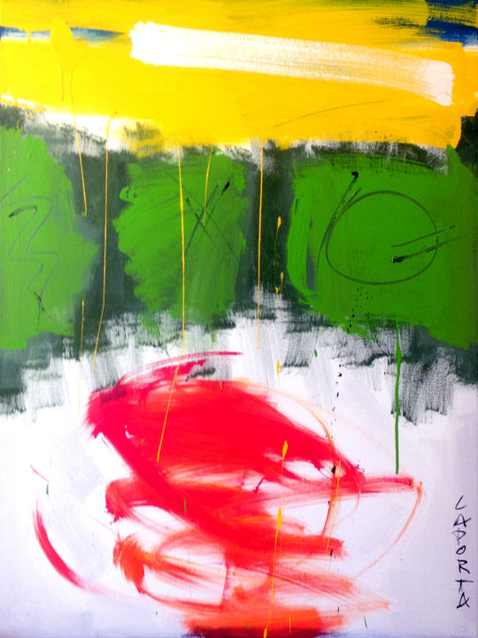 Malerei mit dem Titel "Jaune Vert Orange.j…" von Gilbert Laporta, Original-Kunstwerk, Acryl