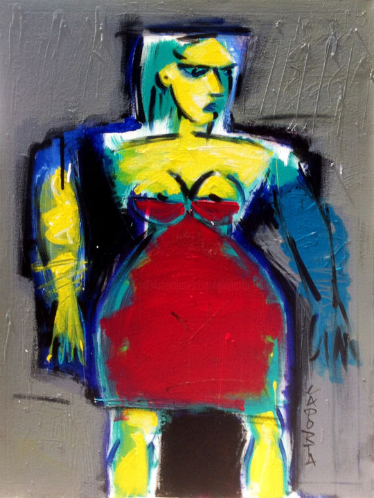 Painting titled "Femme à la robe rou…" by Gilbert Laporta, Original Artwork, Acrylic