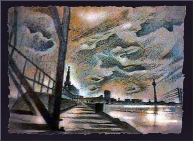 Dessin intitulée "Oberkassel Bridge '…" par Glenn Bautista, Œuvre d'art originale