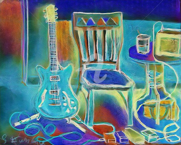 Digital Arts titled "Blue Guitar Chair" by Glenn Durrance, Original Artwork, 2D Digital Work