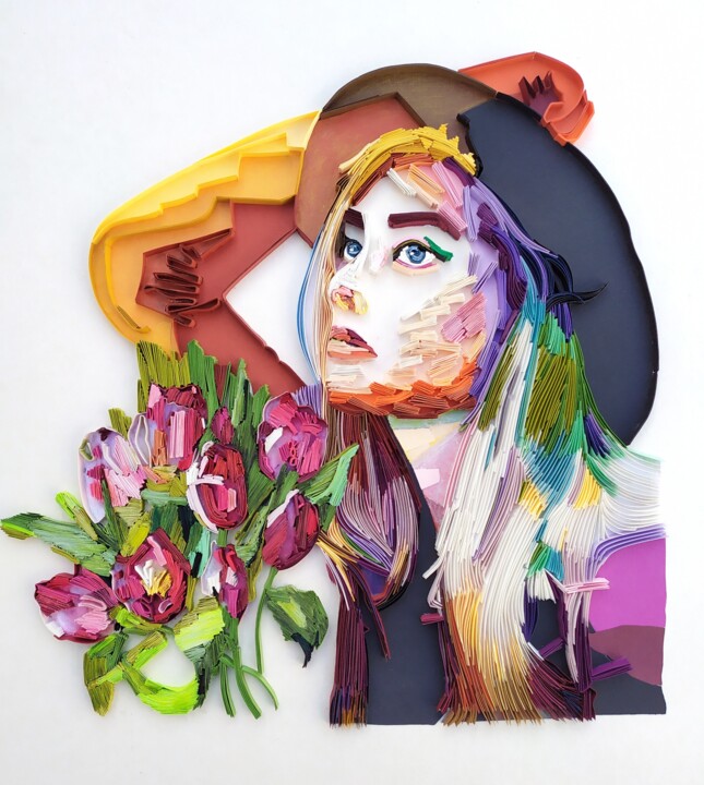 「The girl with hat」というタイトルの彫刻 Glimpsecraft Priyankaによって, オリジナルのアートワーク, 紙