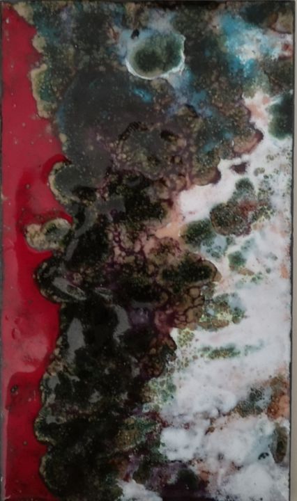 Pittura intitolato "VOLCÁ" da G Riart, Opera d'arte originale, Pittura di vetro colorato Montato su Pannello di legno
