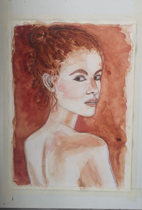 Painting titled "Joven pelirroja" by G Riart, Original Artwork, Watercolor Mounted on Cardboard