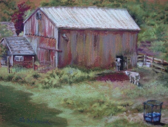 Painting titled "Red Barn with Sheep" by Gloria Nilsson, Original Artwork, Oil