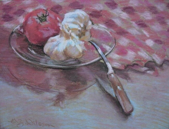 Pittura intitolato "Tomatoe with Garlic" da Gloria Nilsson, Opera d'arte originale, Pastello