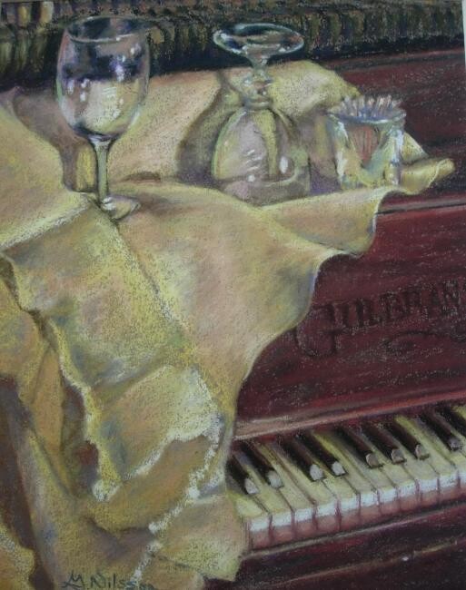 Painting titled "Piano with Goblets" by Gloria Nilsson, Original Artwork, Pastel