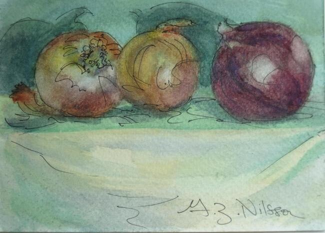 Painting titled "Onions" by Gloria Nilsson, Original Artwork, Ink