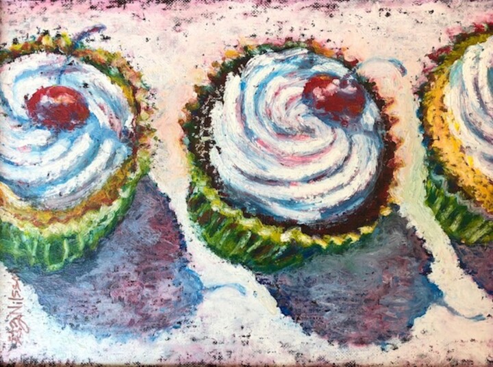 Malerei mit dem Titel "Cupcake Chorus Line" von Gloria Nilsson, Original-Kunstwerk, Öl Auf Andere starre Platte montiert