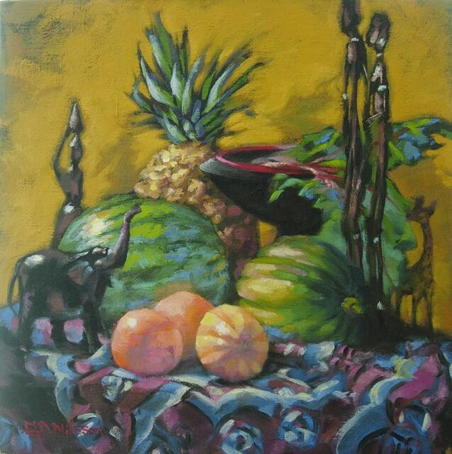 Painting titled "African Artifacts" by Gloria Nilsson, Original Artwork, Oil