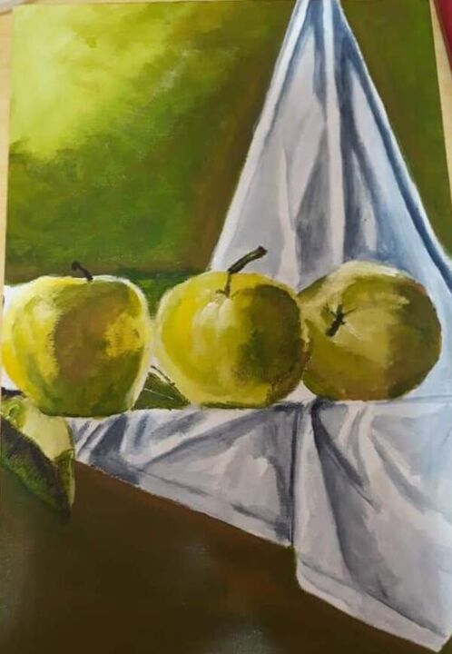 Pintura titulada "Maças verdes na mesa" por Gloria Elena Soto Franco Artista Plástica, Obra de arte original, Acrílico