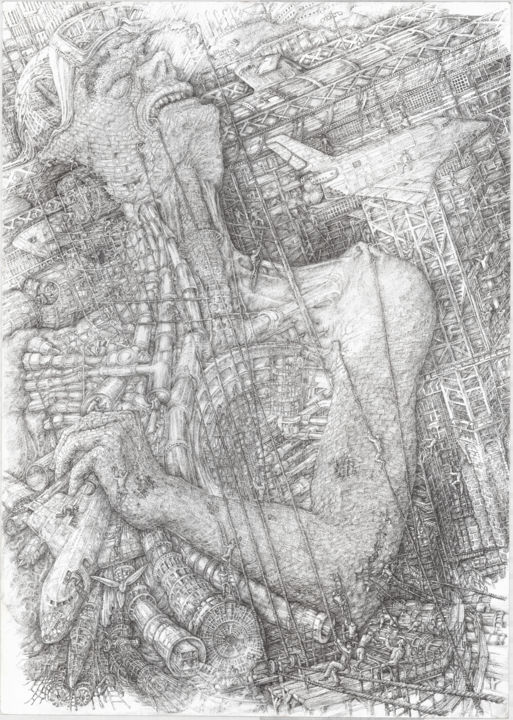 Drawing titled ""Industrial Man"" by Stan Kalinin, Original Artwork, Gel pen