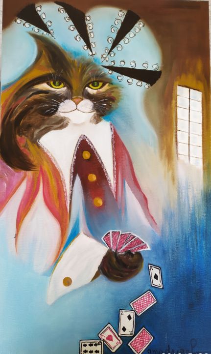 Painting titled "Le Chat Botté joueur" by Geneviève Madrigal, Original Artwork, Oil Mounted on Wood Stretcher frame