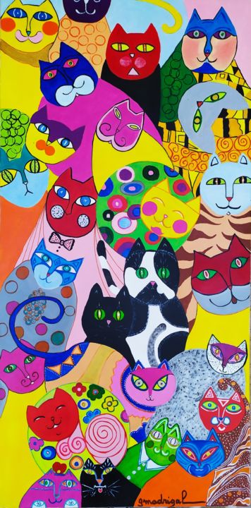 Painting titled "Chats de hasard" by Geneviève Madrigal, Original Artwork, Acrylic Mounted on Wood Stretcher frame