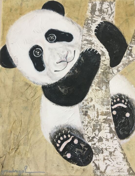 Painting titled "Petit Panda" by Geneviève Madrigal, Original Artwork, Oil Mounted on Wood Stretcher frame